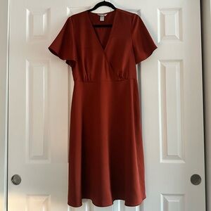Satin H&M Rust Midi Dress with V-Neck